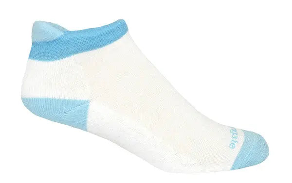 Soft Heel Tab Shorty Alpaca Performance Socks In White, & Turquoise Blue.