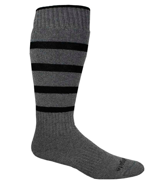 Ausangate Alpaca All Purpose Performance Socks in gray with black stripes, ideal for winter sports and outdoor adventures. Knee-high design for warmth and comfort.