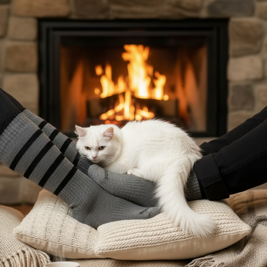Classic Lines performance socks in gray and black stripes with cat warming up on the socks.