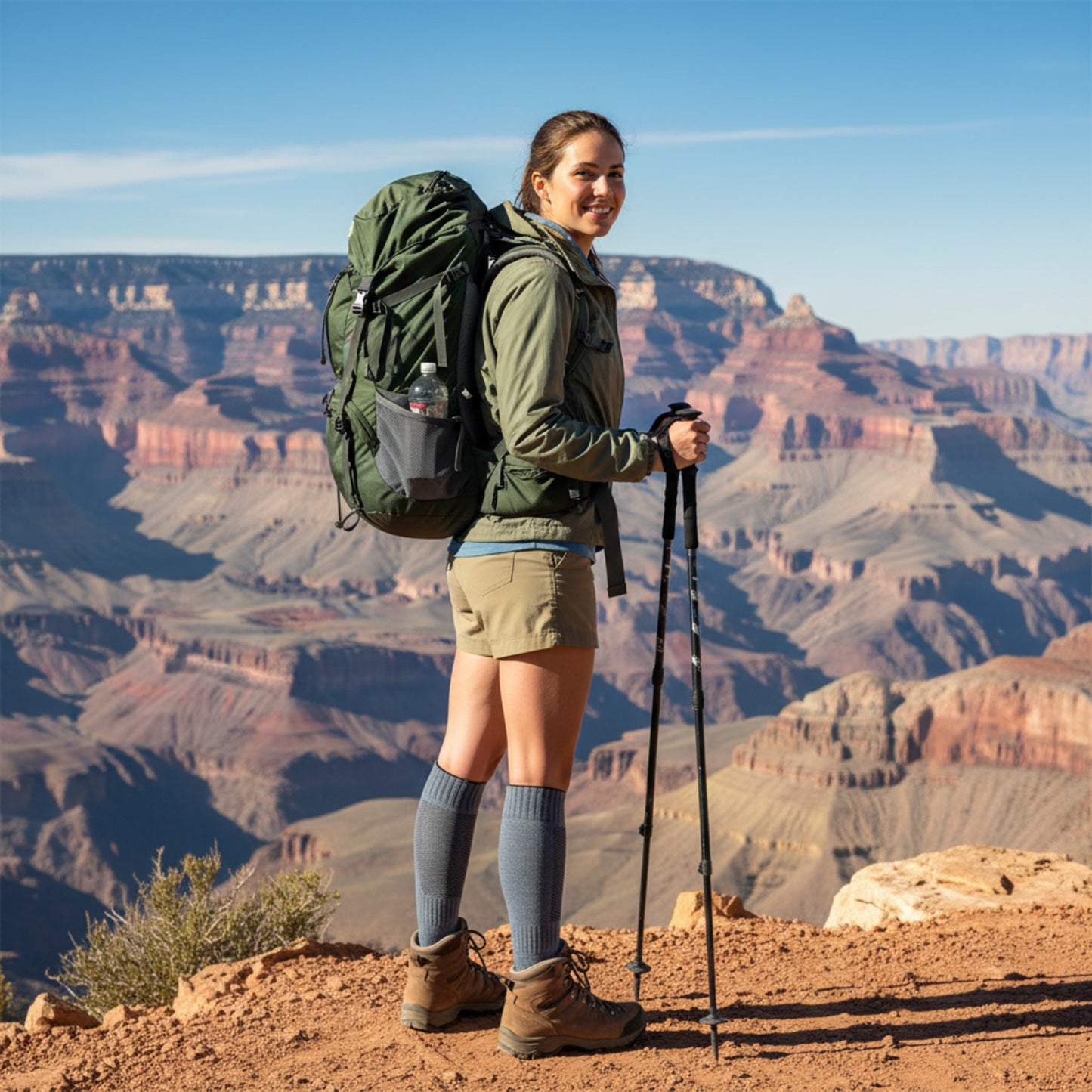 Woman hiking using while using high calf performance alpaca socks in blue navy.