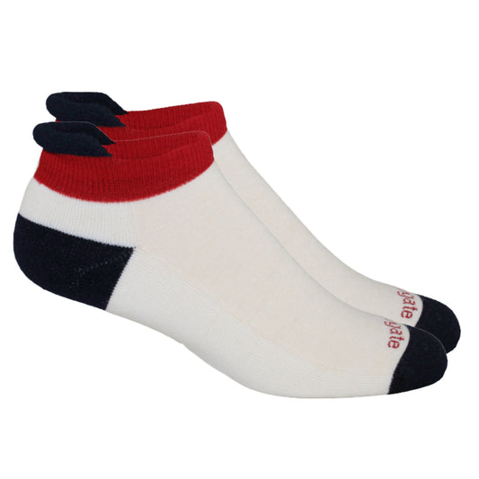 Heel tabl alpaca socks red, white and blue.