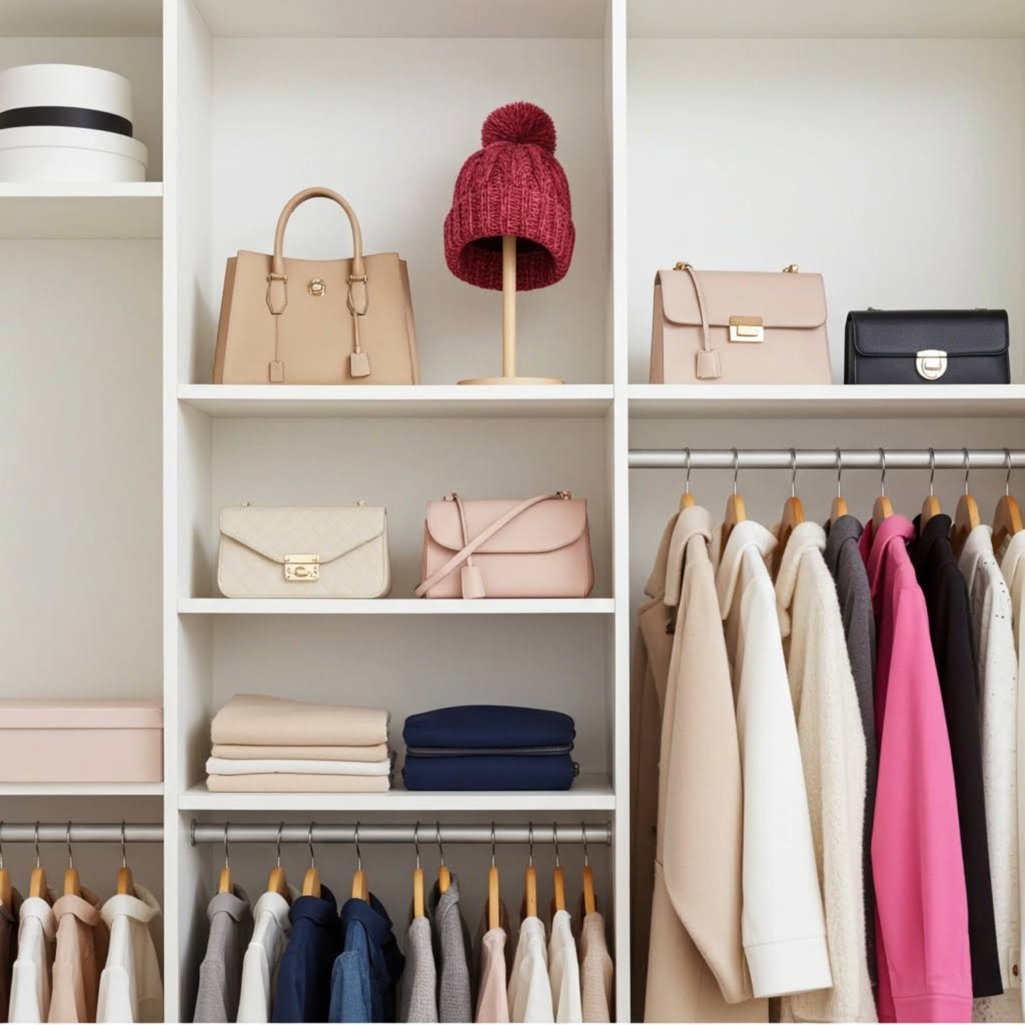 Closet with shelves displaying handbags, alpaca cable knit pom beanie hat in petal pink, and clothing on hangers.