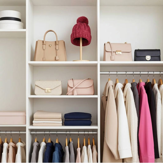 Closet with shelves displaying handbags, alpaca cable knit pom beanie hat in petal pink, and clothing on hangers.
