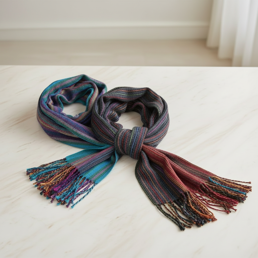 Multi colored hand loomed alpaca fiber scarves. 