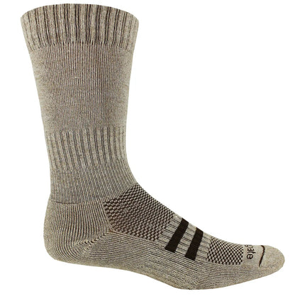 Our mid-calf hiking socks feature compression bands at the ankle and instep which insure a great fit, shown in sand brown.