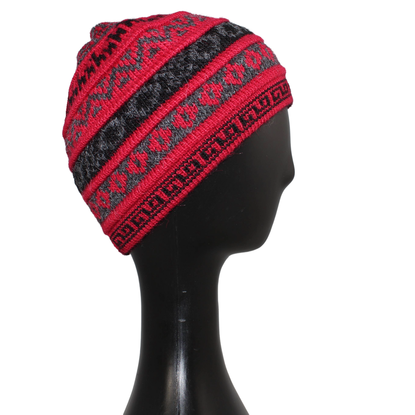 Ausangate Alpaca Beanie in Raspberry red, gray black.