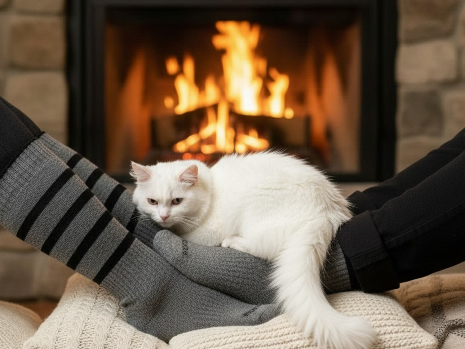 White cat sitting the feet of two people while the people wear Classic Lines alpaca performance socks in gray with black  stripes.