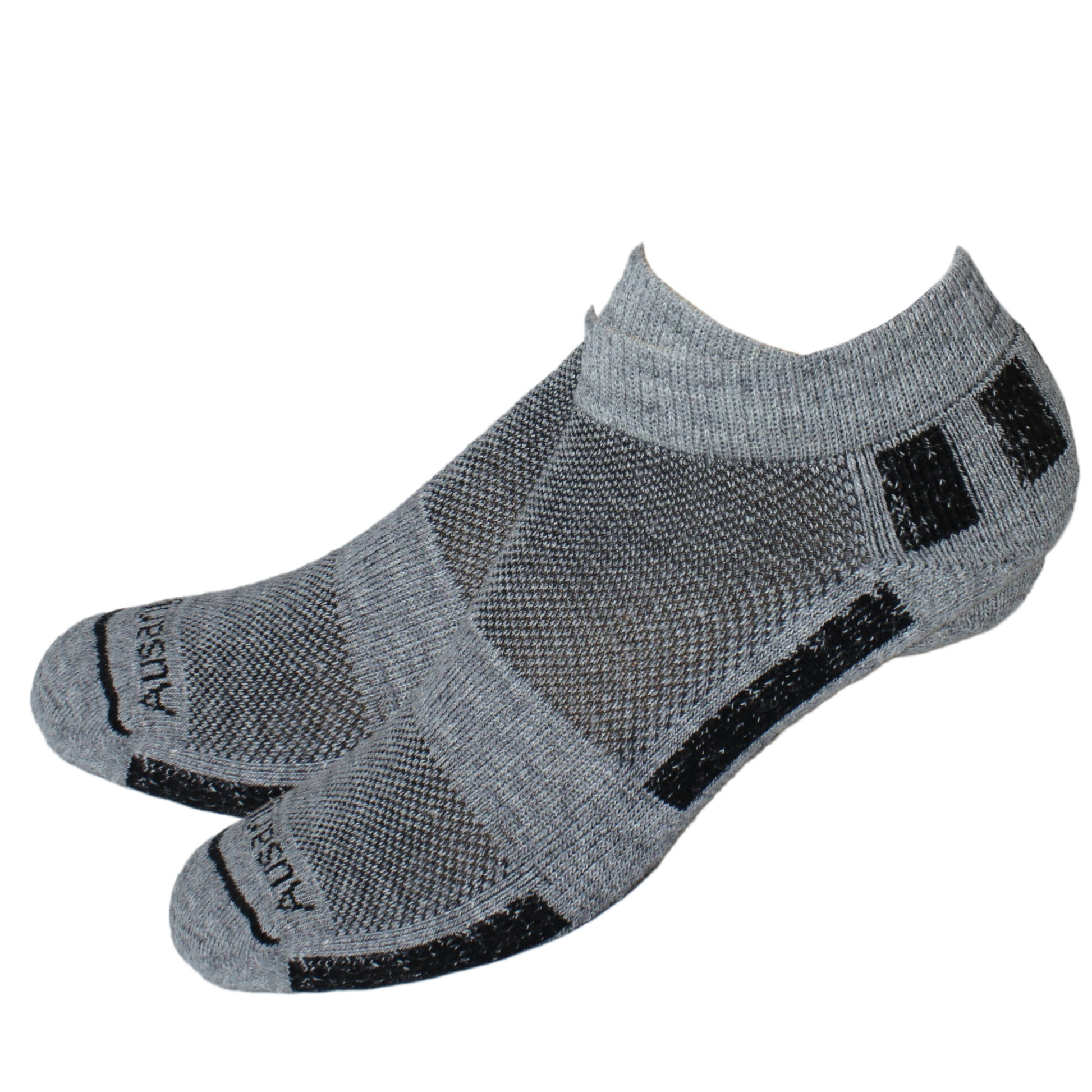 Gray black quarter crew socks with black stripes.