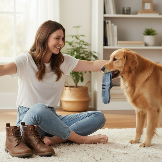 Woman sitting on floor reaching for Ausangate alpaca hiking socks carried by golden retriever dog in cozy home