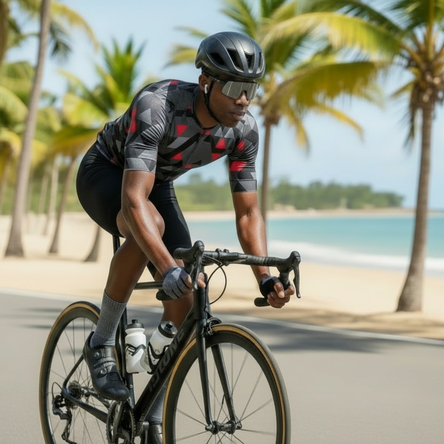 Cyclist wearing mid-calf alpaca socks on a beach road.