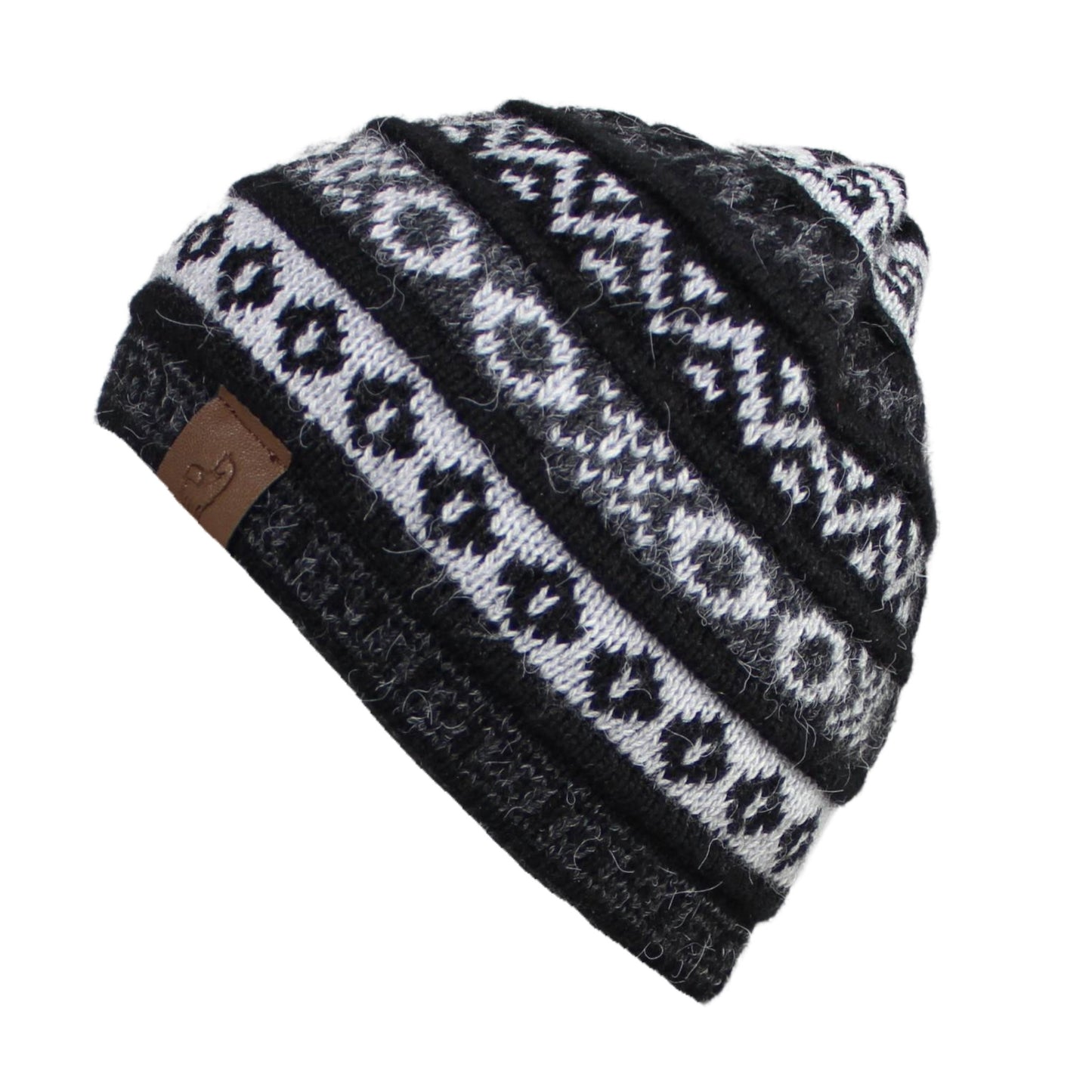 Black gray alpaca beanie hat geometric pattern