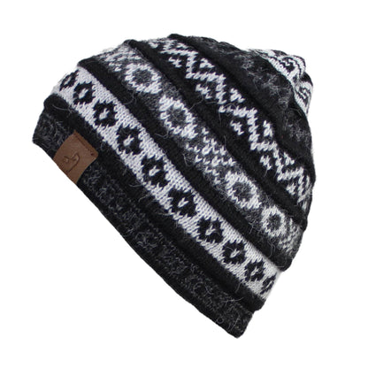 Black gray alpaca beanie hat geometric pattern