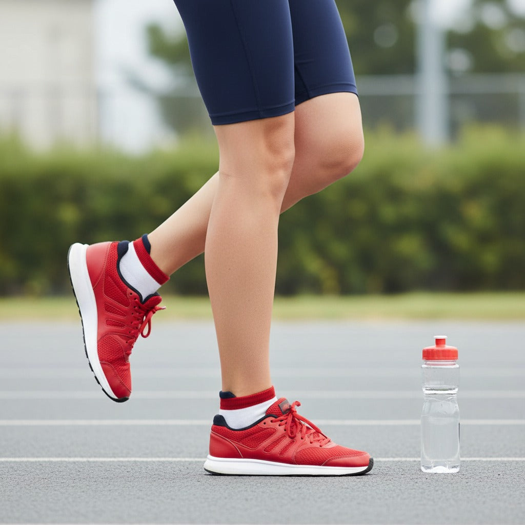 Ausangate alpaca heel tab socks in red white and blue.