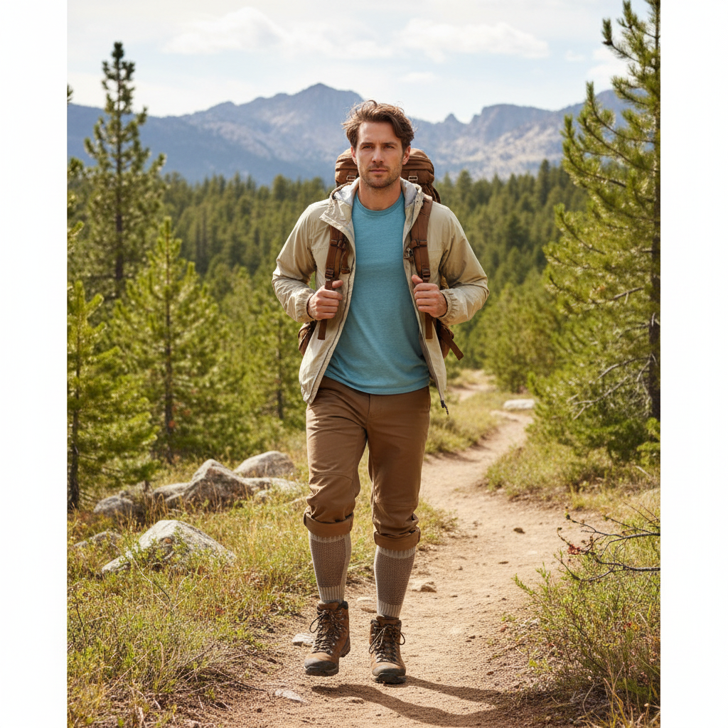 Man hiking wearing sand and brown socks with brown rolled up pants, beige jacket, brown backpack and blue t-shirt