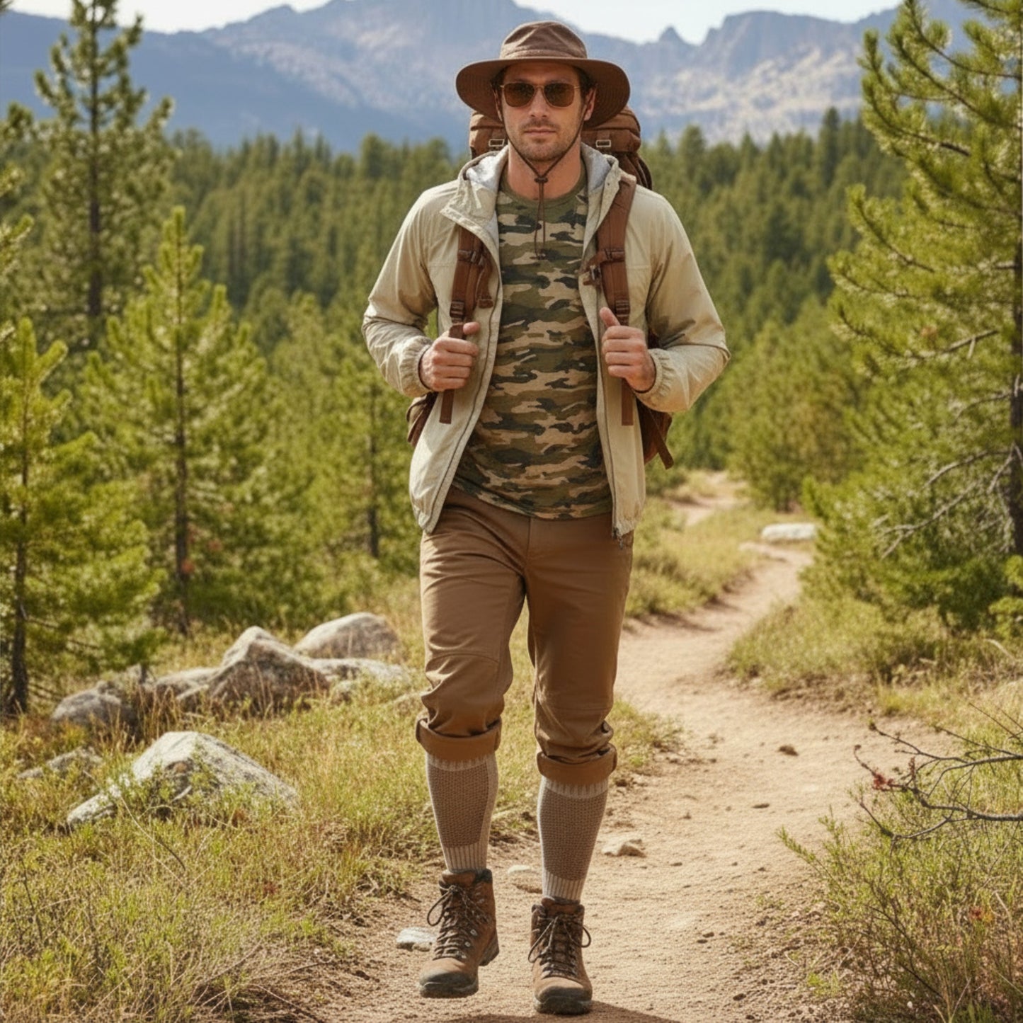 Man hiking on a trail with high calf performance alpaca sand brown socks. 