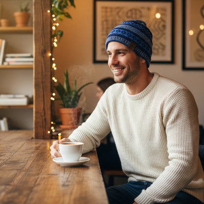 Man wearing blue alpaca beanie
