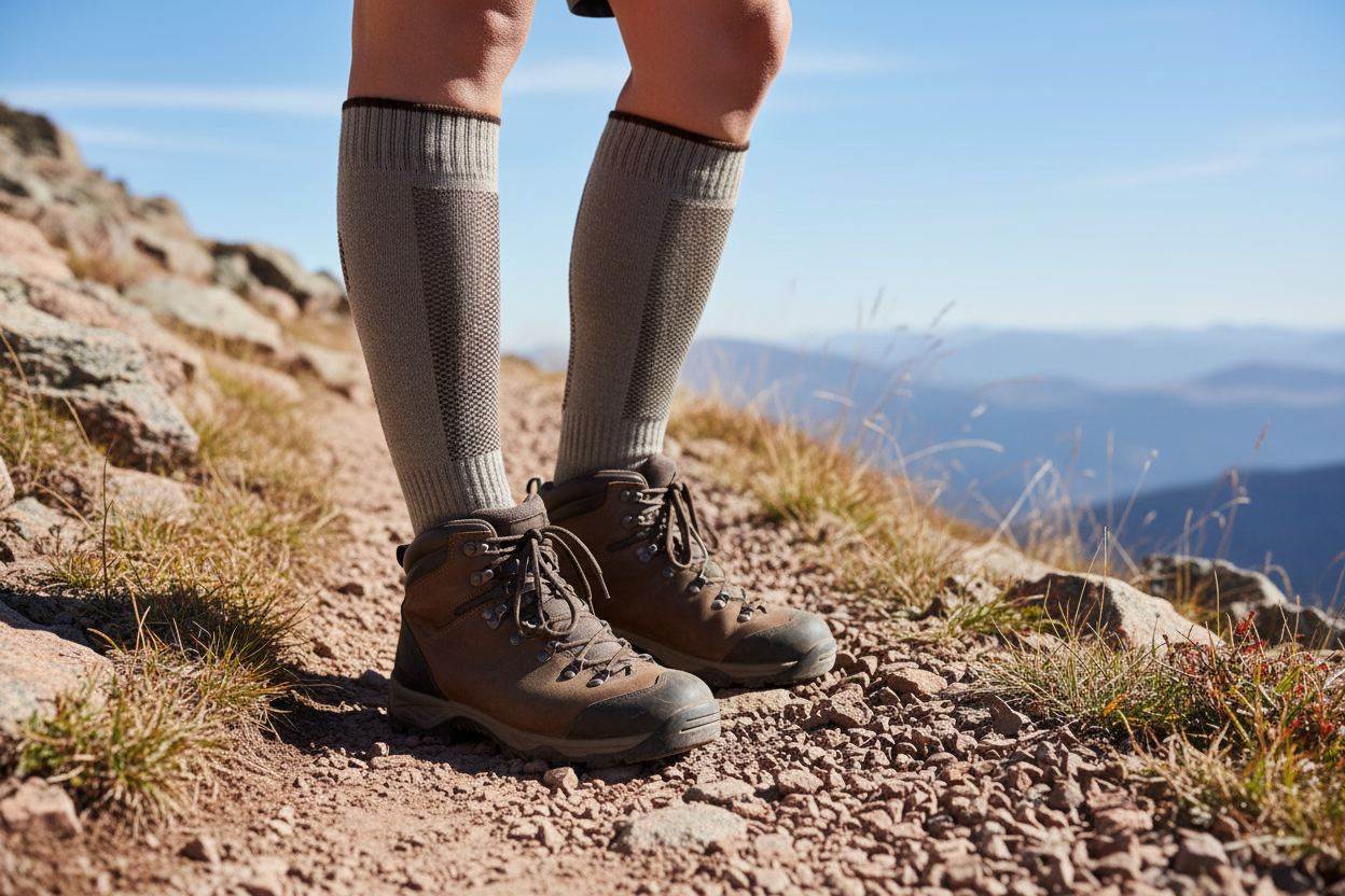 Rocky trail lifestyle image with sand brown alpaca hiking socks