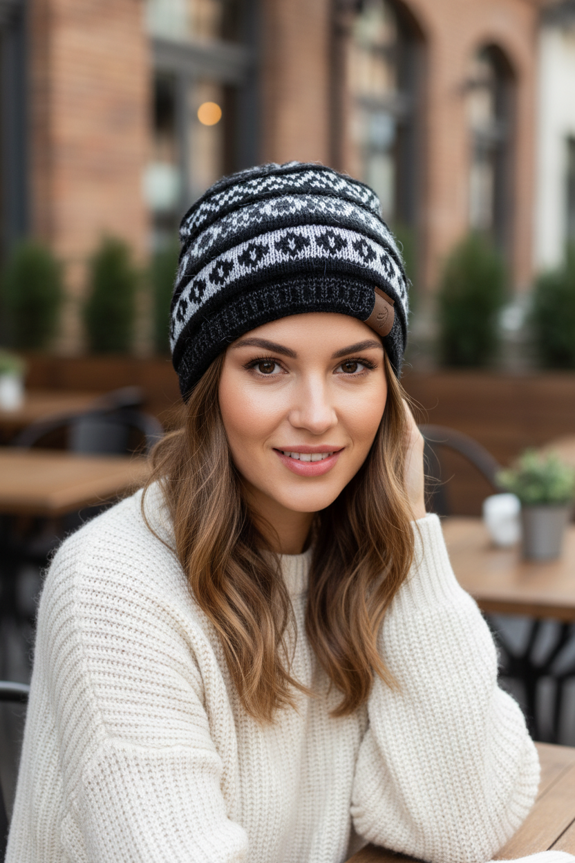 Woman wearing gray and black beanie