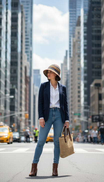 Woman wearing properly fitted Vintage Style Cloche Alpaca Fiber Hat in modern city