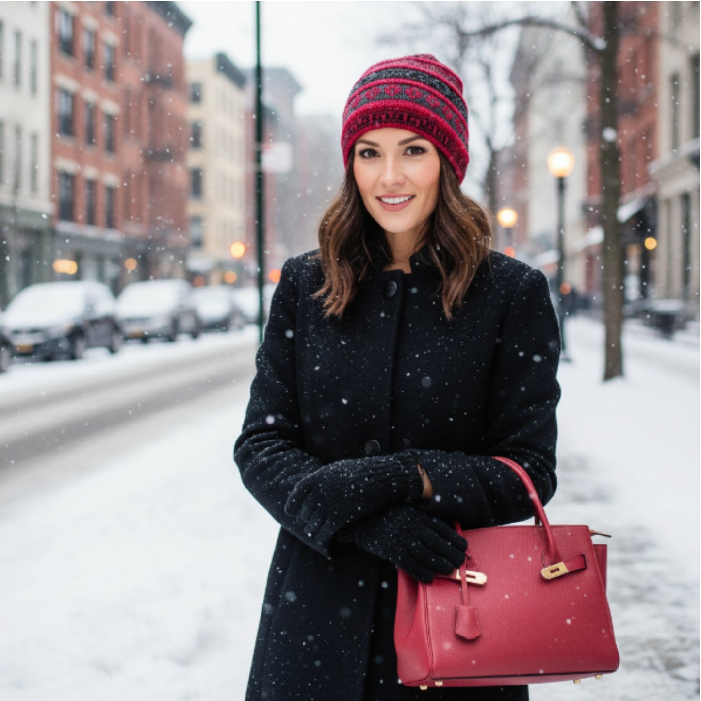 Woman in a black coat styling a red raspberry  geometric beanie holding a red handbag on a snowy street.